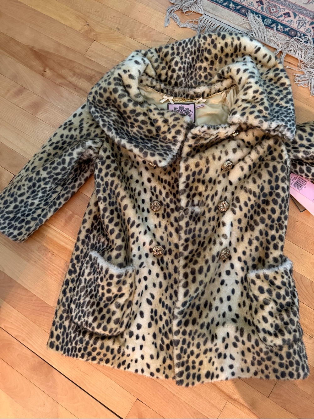 Juicy Couture Leopard Print Faux-Fur Pea Coat - Cream & Black